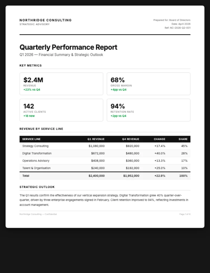 Professional quarterly report with tables and metrics